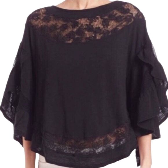 Free People Love Affair lace ruffle sleeve top black medium - Picture 1 of 10